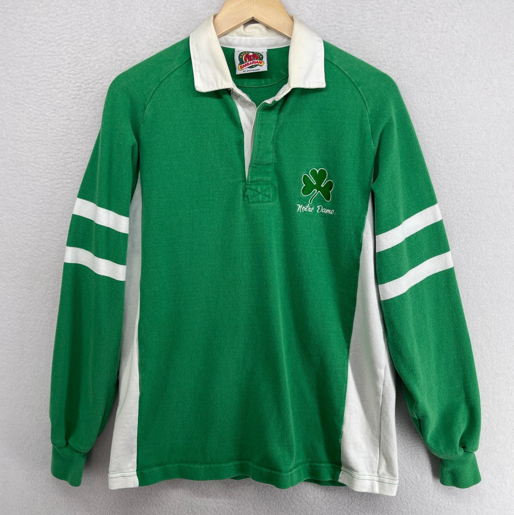 NOTRE DAME Shirt Mens L 90s BARBARIAN RUGBY Fighting Irish Shamrock Cotton Green - Picture 1 of 13